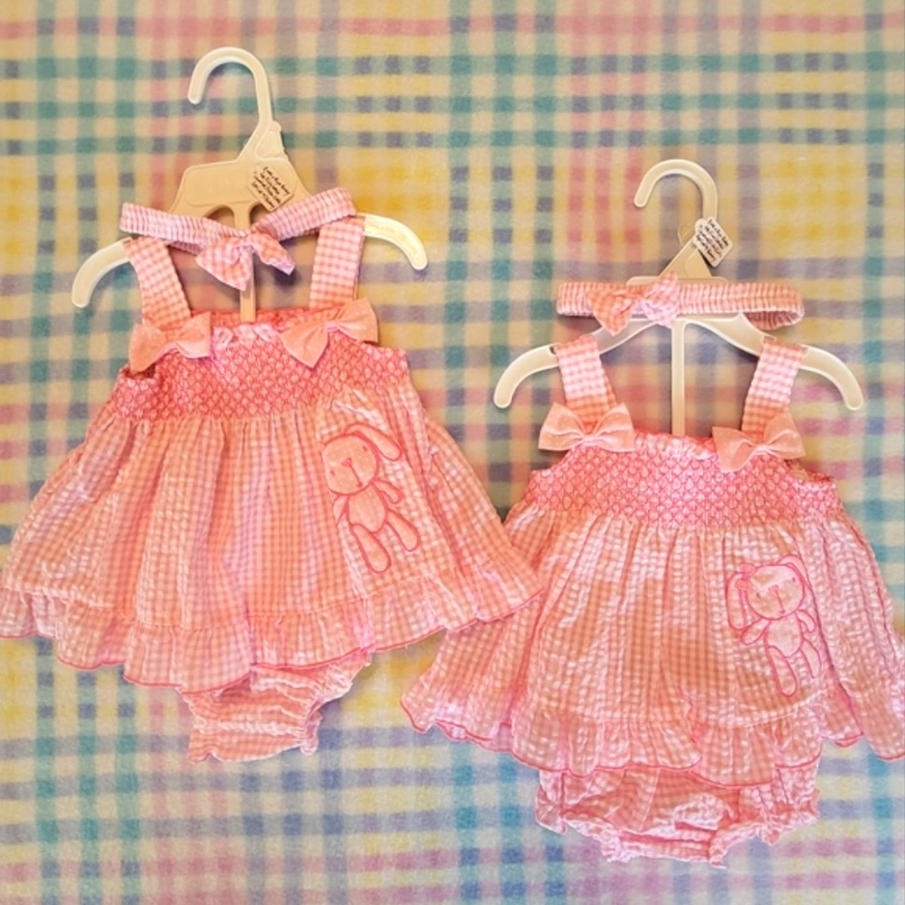 ROCK A BYE BABY 🐰 Sweet NWOT 3pc Pink|White Gingham Polka Dot Bunny Outfits NB